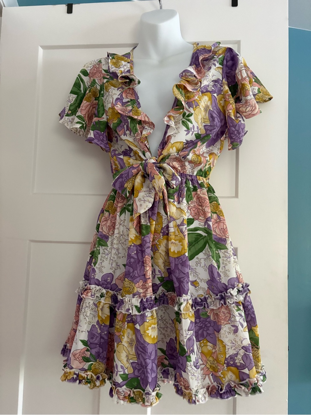 Angel Biba White Multi Floral Tie-Front Ruffle Mini Dress